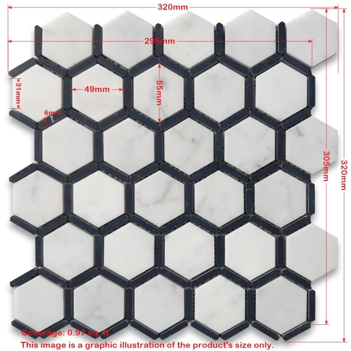 Carrara White Marble 2 inch Hexagon Mosaic Tile w/ Brass Strips