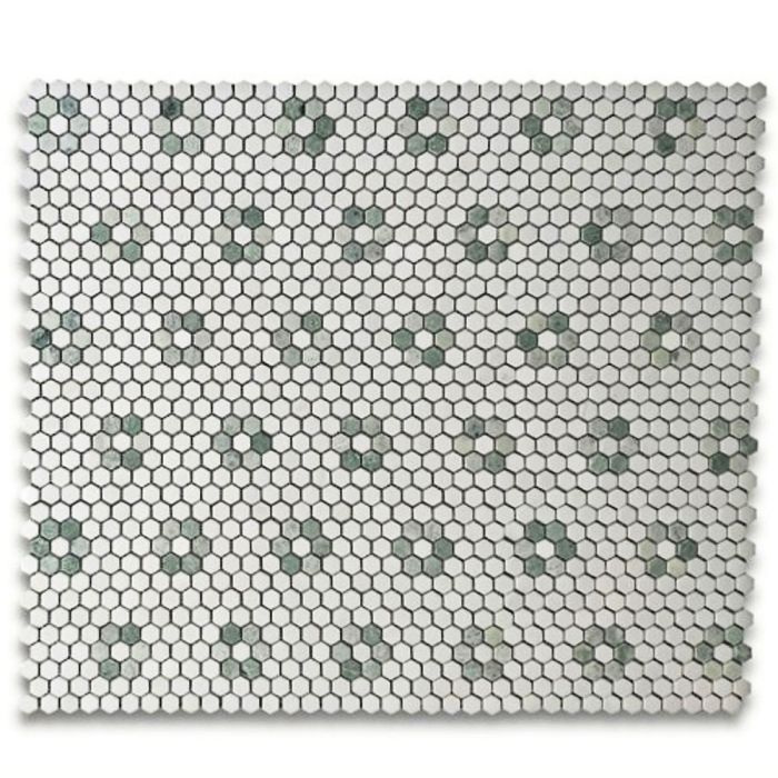 Thassos White Marble 1 inch Hexagon Rosette Mosaic Tile w/ Ming