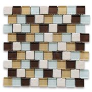 White Brown Yellow Glass Mix Beige Travertine 1-1/4 Square Brick Mosaic Tile 