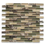 Green Brown Glass Mix Emperador Dark Marble 5/8x2-1/4 Brick Mosaic Tile