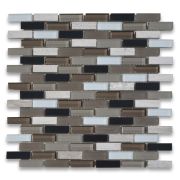 Brown Grey White Glass Mix Stainless Steel and Grey Wood Grain Marble Brick Mosaic Tile