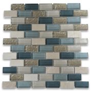 Gray Blue Beige Light Brown Glass Mix Crema Marfil Marble 1x2 Brick Mosaic Tile