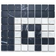 Carrara White Marble 7x8 Greek Key Mosaic Corner Tile w/ Nero Marquina Black Honed