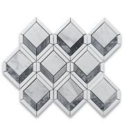Carrara White Marble 2 inch Illusion 3D Square Geometry Mosaic Tile w/ Bardiglio Gray Thassos White Honed