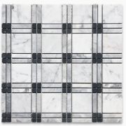 Carrara White Plaid Tartan w/ Gray and Black Marble Mosaic Tile Honed