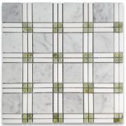 Carrara White Marble Plaid Tartan Mosaic Tile w/ Green Jade Thassos White Honed