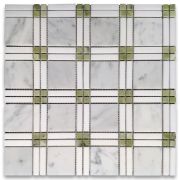 Carrara White Marble Plaid Tartan Mosaic Tile w/ Green Jade Thassos White Polished