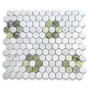 Carrara White Marble 1 inch Hexagon Rosette Mosaic Tile w/ Green Jade Honed