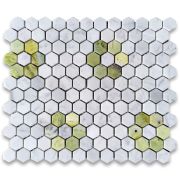 Carrara White Marble 1 inch Hexagon Rosette Mosaic Tile w/ Green Jade Polished