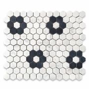 Carrara White 1" Hexagon w/ Black Marble Rosette Pattern Mosaic Tile Honed