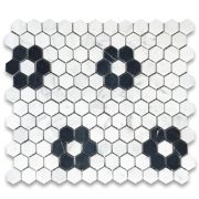 Carrara White 1" Hexagon w/ Black Marble Rosette Pattern Mosaic Tile Polished