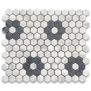 Carrara White Marble 1 inch Hexagon Rosette Mosaic Tile w/ Nero Marquina Black Tumbled