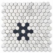 Carrara White 1" Hexagon w/ Black Marble Snowflake Pattern Mosaic Tile Honed