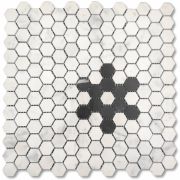 Carrara White 1" Hexagon w/ Black Marble Snowflake Pattern Mosaic Tile Polished