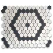 Carrara White Marble 1 inch Hexagon Riverside Drive Mosaic Tile w/ Thassos White Nero Marquina Black Honed