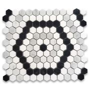 Carrara White Marble 1 inch Hexagon Riverside Drive Mosaic Tile w/ Thassos White Nero Marquina Black Polished