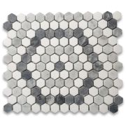 Carrara White Marble 1 inch Hexagon Riverside Drive Mosaic Tile w/ Thassos White Bardiglio Gray Honed