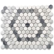 Carrara White Marble 1 inch Hexagon Riverside Drive Mosaic Tile w/ Thassos White Bardiglio Gray Polished