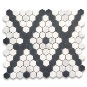 Carrara White Marble 1 inch Hexagon Modern X Pattern Mosaic Tile w/ Thassos White Nero Marquina Black Honed