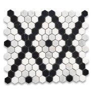 Carrara White Marble 1 inch Hexagon Modern X Pattern Mosaic Tile w/ Thassos White Nero Marquina Black Polished