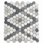 Carrara White Marble 1 inch Hexagon Modern X Pattern Mosaic Tile w/ Bardiglio Gray Thassos White Honed