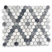 Carrara White Marble 1 inch Hexagon Modern X Pattern Mosaic Tile w/ Bardiglio Gray Thassos White Polished