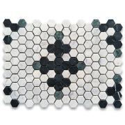 Carrara White Marble 1 inch Hexagon Starlight Mosaic Tile w/ Nero Marquina Black Indian Green Honed