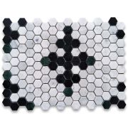 Carrara White Marble 1 inch Hexagon Starlight Mosaic Tile w/ Nero Marquina Black Indian Green Polished