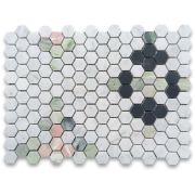 Carrara White Marble 1 inch Hexagon Starlight Mosaic Tile w/ Norwegian Rose Pink Honed