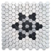 Carrara White Marble 1 inch Hexagon Hexastar Mosaic Tile w/ Nero Marquina Black Bardiglio Gray Honed