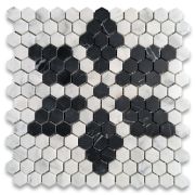 Carrara White Marble 1 inch Hexagon?Ice Crystal Mosaic Tile w/ Nero Marquina Black Honed