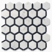 Carrara White Marble 2 inch Hexagon w/ Nero Marquina Black Strips Mosaic Tile Honed