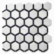 Carrara White Marble 2 inch Hexagon w/ Nero Marquina Black Strips Mosaic Tile Polished