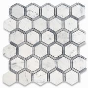 Carrara White Marble 2 inch Hexagon w/ Bardiglio Gray Strip Mosaic Tile Honed