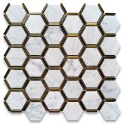 Carrara White Marble 2 inch Hexagon Mosaic Tile w/ Brass Strips Honed