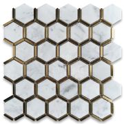 Carrara White Marble 2 inch Hexagon Mosaic Tile w/ Brass Strips Polished