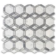 Carrara White Marble 2 inch Hexagon Hollywood Mosaic Tile w/ Bardiglio Gray Strips Honed