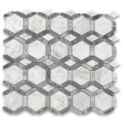 Carrara White Marble 2 inch Hexagon Hollywood Mosaic Tile w/ Bardiglio Gray Strips Polished