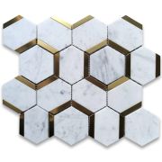 Carrara White Marble 3 inch Hexagon Mosaic Tile w/ Brass Strips Honed
