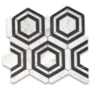 Carrara White Marble 3 inch Hexagon Georama Geometric Mosaic Tile w/ Nero Marquina Black Strips Honed