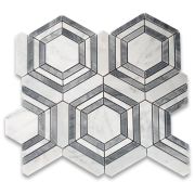 Carrara White Marble 3 inch Hexagon Georama Geometric Mosaic Tile w/ Bardiglio Gray Strips Honed