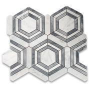 Carrara White Marble 3 inch Hexagon Georama Geometric Mosaic Tile w/ Bardiglio Gray Strips Honed