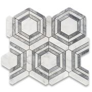 Carrara White Marble 3 inch Hexagon Georama Geometric Mosaic Tile w/ Bardiglio Gray Strips Polished