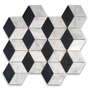 Carrara White Marble 2x3 Illusion 3D Cube Rhombus Diamond Hexagon Mosaic Tile w/ Nero Marquina Black Honed