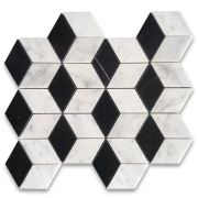 Carrara White Marble 2x3 Illusion 3D Cube Rhombus Diamond Hexagon Mosaic Tile w/ Nero Marquina Black Polished