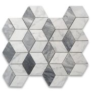 Carrara White Marble 2x3 Illusion 3D Cube Rhombus Diamond Hexagon Mosaic Tile w/ Bardiglio Gray Honed