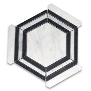 Carrara White Marble 5" Hexagon Georama Nero Strip Geometric Mosaic Tile Honed