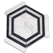Carrara White Marble 5" Hexagon Georama Nero Strip Geometric Mosaic Tile Polished