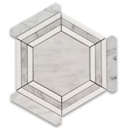 Carrara White Marble 5 inch Hexagon Georama Geometric Mosaic Tile w/ Thassos White Strips Honed