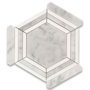 Carrara White Marble 5 inch Hexagon Georama Geometric Mosaic Tile w/ Thassos White Strips Polished